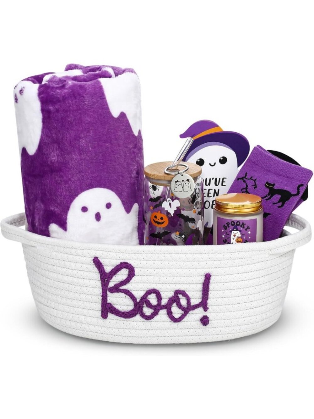 Halloween Boo Gift Set - 7 Pcs Ghost Blanket, Tumbler & Socks - Purple Fun!